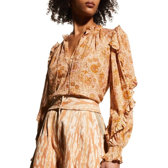 ULLA JOHNSON Manet Long-Sleeve Ruffle Blouse in Meadow - Picture 1 of 8